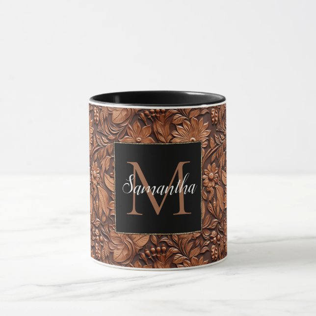 Western Cowgirl Brown Floral Monogram Name Tasse (Zentrum)