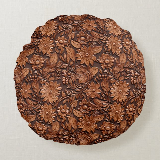 Western Cowgirl Brown Floral Rundes Kissen (Vorderseite)