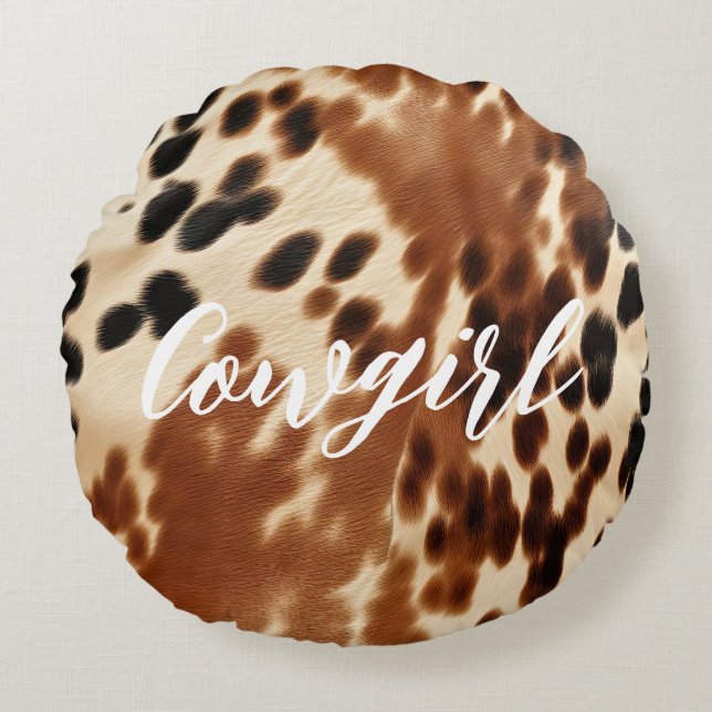 Western Cowgirl Brown White Cowhide Rundes Kissen (Vorderseite)