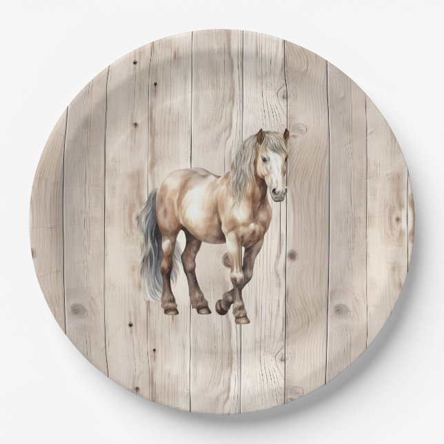 Western Cowgirl Cowboy Horse Faux Wood Pappteller (Vorderseite)