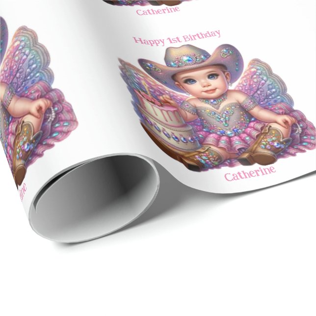 Western Cowgirl First Birthday Custom Geschenkpapier (Rolleneckpunkt)