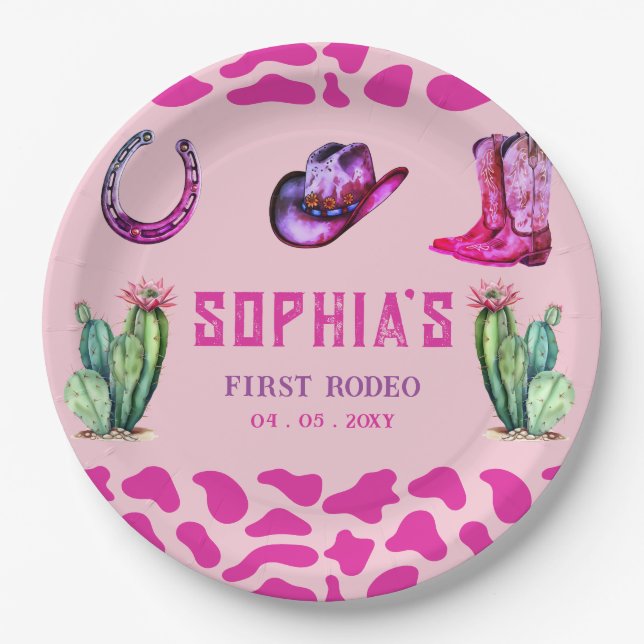 Western Cowgirl First Rodeo Pink Girls Geburtstag Pappteller (Vorderseite)