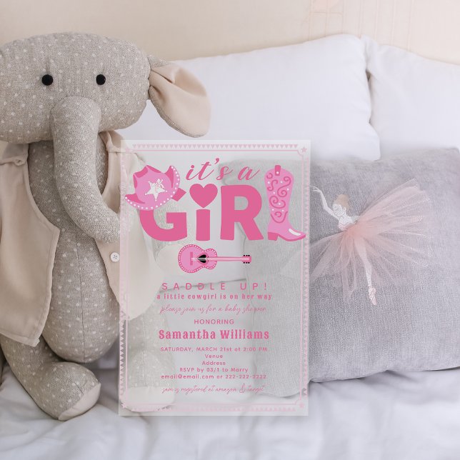 Western Cowgirl It's a Girl Pink Plaid Baby Shower Acryleinladungen (Western Cowgirl It's a Girl Gingham Plaid Pink Cute Cowboy Boots and Hat Baby Shower Acrylic Invite)