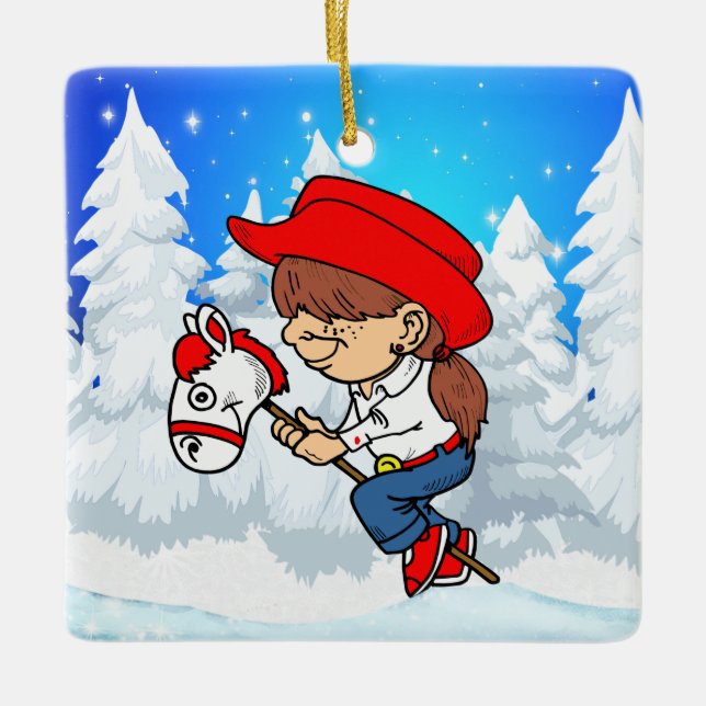 Western Cowgirl Kind auf Stick Pferd Winter Szene  Keramikornament (Vorderseite)