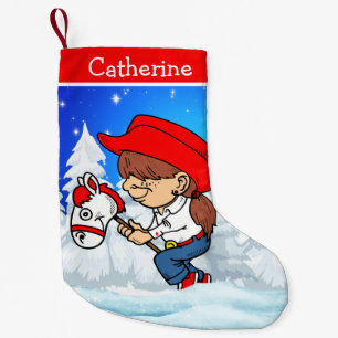 Western Cowgirl Kind auf Stick Pferd Winter Szene Kleiner Weihnachtsstrumpf
