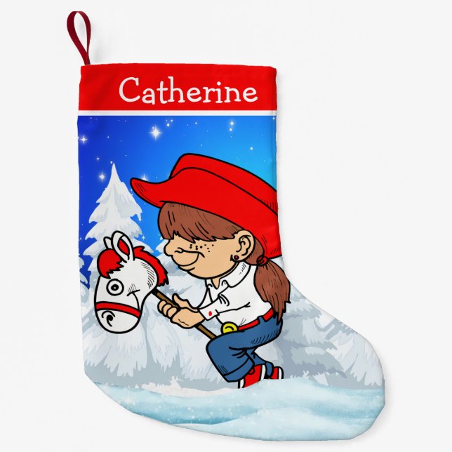 Western Cowgirl Kind auf Stick Pferd Winter Szene Kleiner Weihnachtsstrumpf (Vorderseite)
