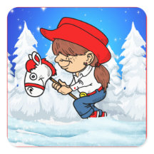 Western Cowgirl Kind auf Stick Pferd Winter Szene