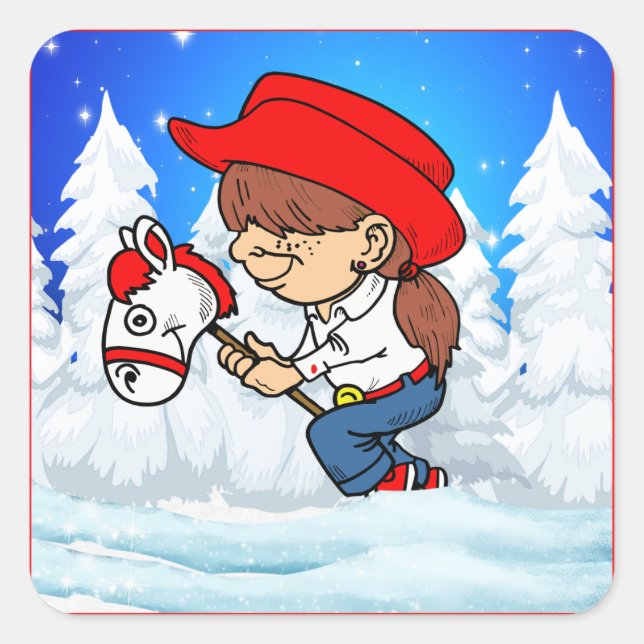 Western Cowgirl Kind auf Stick Pferd Winter Szene Quadratischer Aufkleber (Vorderseite)