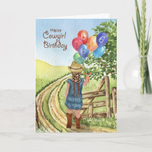 Western Cowgirl mit Balloon Girl's 6. Geburtstag Karte