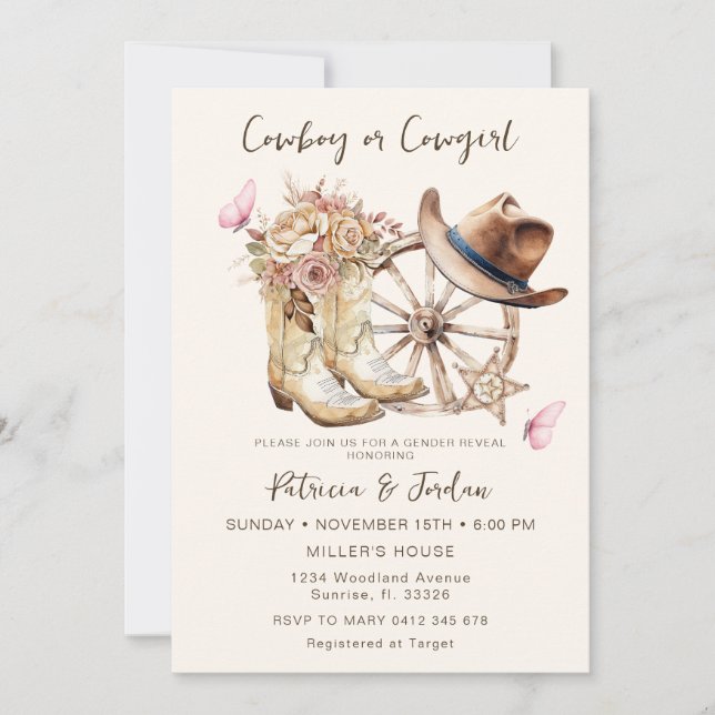 Western Cowgirl oder Cowboy Gender Reveal Einladung (Vorderseite)