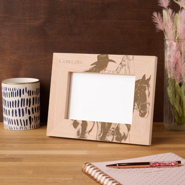 Western Cowgirl on Horse Geätzte Rahmen (Linke Ecke)