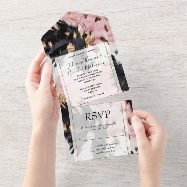 Western Cowgirl Pink Schwarz-weiß Gold Cowhide All In One Einladung (Abreißen)