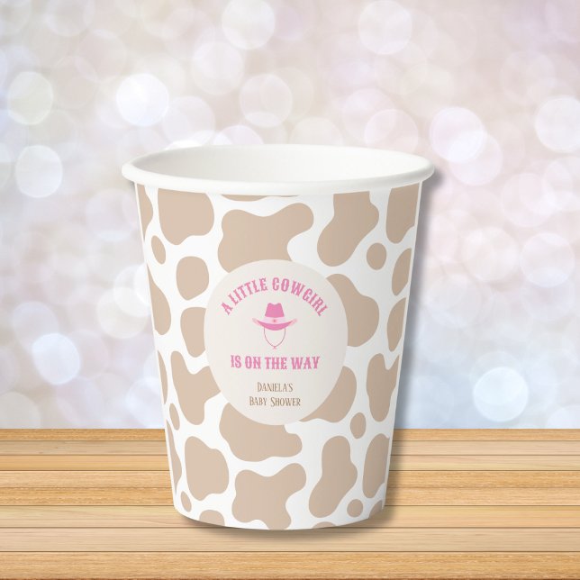 Western Cowgirl Rodeo Kuh Print Girl Baby Dusche Pappbecher (little cowgirl baby shower pink cow print paper cups)