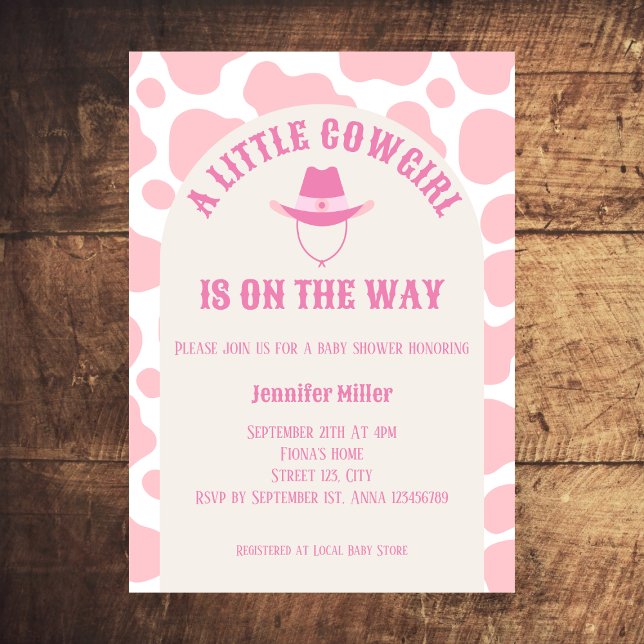 Western Cowgirl Rodeo Pink Girl Babydusche Einladung (cowgirl western rodeo baby girl shower invitation cow print cowboy hat baby pink)