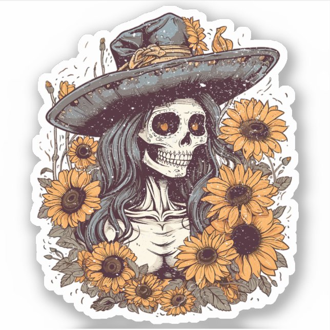 Western Cowgirl Skeleton Sunflowers Aufkleber (Vorderseite)