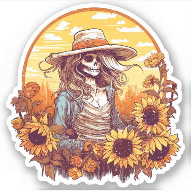Western Cowgirl Skelett mit Fall Sonnenblumen Aufkleber (Vorderseite)
