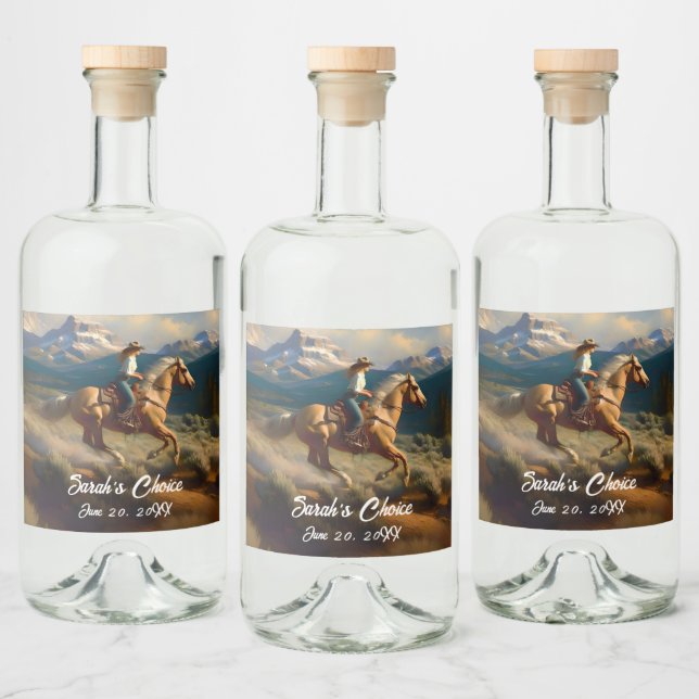 Western Cowgirl und Palomino Pferdeschehen Alkoholflaschenetikett (Flaschen)