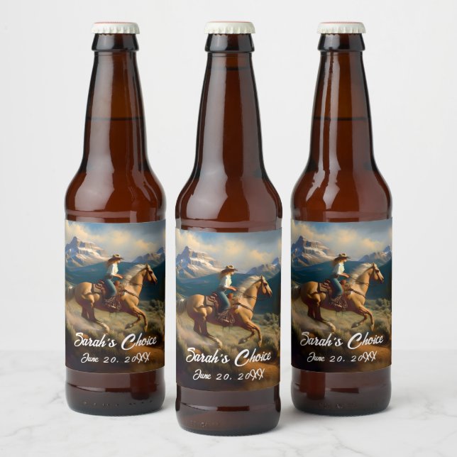 Western Cowgirl und Palomino Pferdeschehen Bierflaschenetikett (Flaschen)