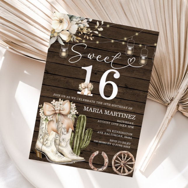 Western Cowgirl White Boots Wood Sweet 16 Geburtst Einladung (Von Creator hochgeladen)