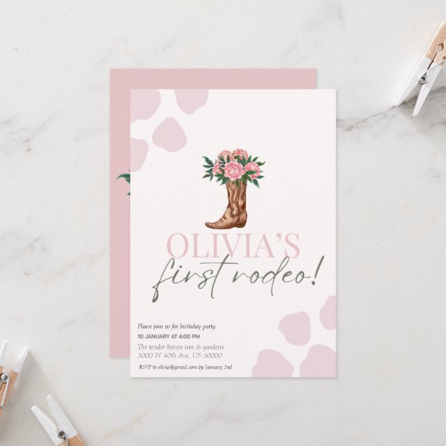 Western Cowgirl zum ersten Geburtstag Rodebaby Einladung (Vorderseite/Rückseite Beispiel)