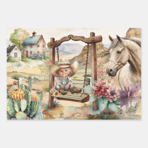 Western-Decodipage - kleines Cowgirl im Schaupferd Geschenkpapier Set
