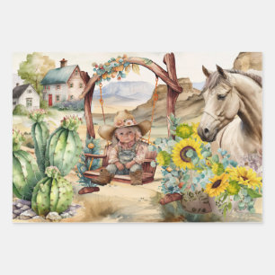 Western-Decopage - niedliche Cowgirl auf dem Lande Geschenkpapier Set