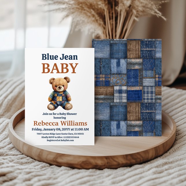 Western-Denim-Patchwork-Bär-Blue-Jean-Baby-Party Einladung (Von Creator hochgeladen)