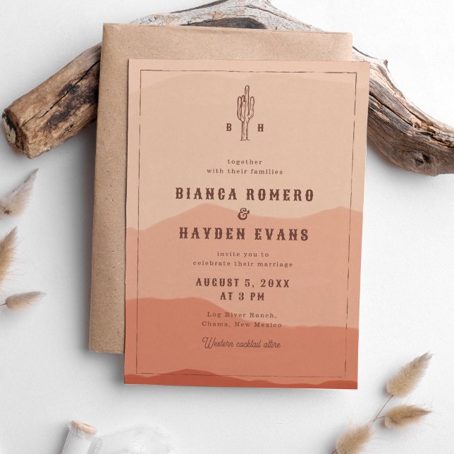 Western Desert Cactus Boho Western Wedding Einladung (burnt orange desert landscape wedding invitation with cactus illustration)