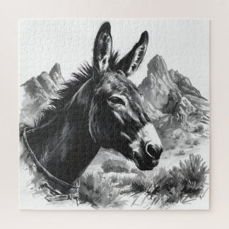 Western Donkey Vintag Black & White Puzzle