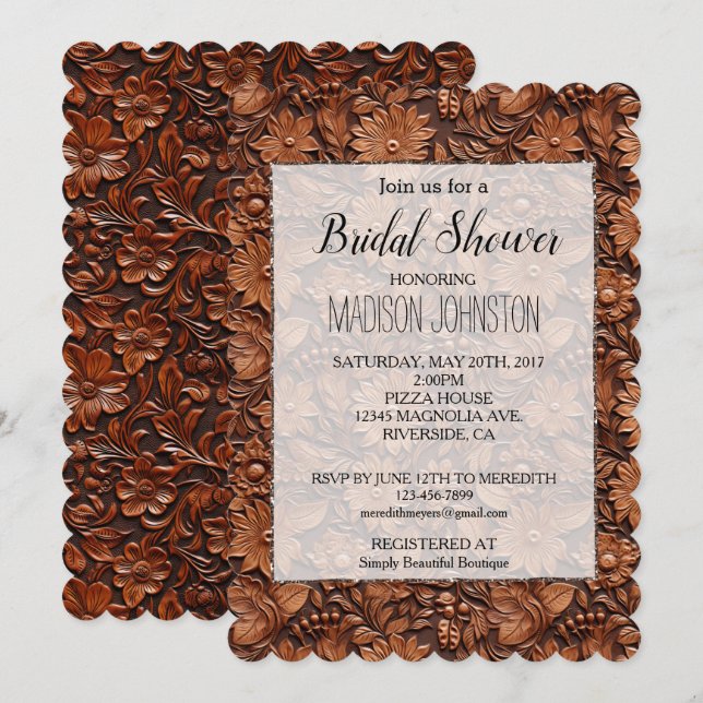 Western Eleganza Brown Floral Cowgirl Einladung (Vorne/Hinten)