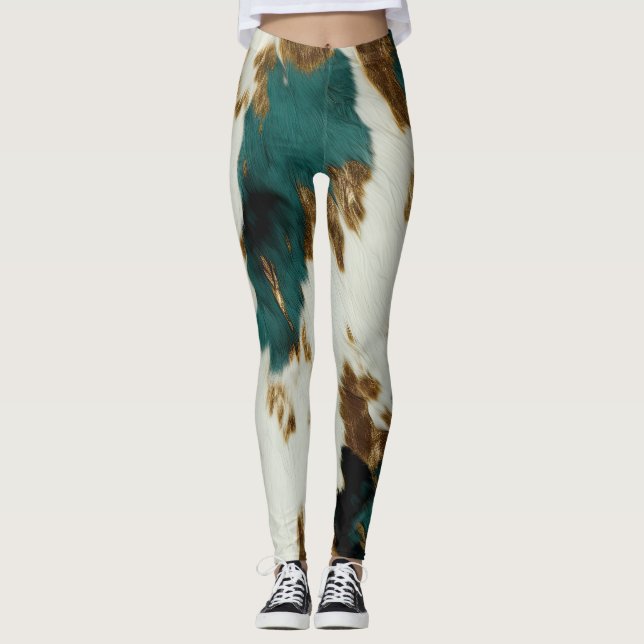Western Emerald Gold White Cowhide Leggings (Vorderseite)