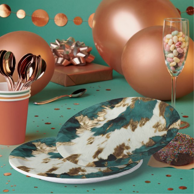 Western Emerald Gold White Cowhide Pappteller (Multi)
