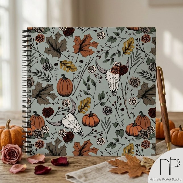 Western Fall Ernte und Kuhschädel Notizbuch (Hand drawn western fall harvest and cow skull ink art notebook for sketching or daily journaling)