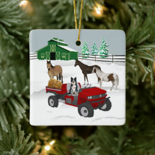 Western Farm Horse Ranch Red ATV Dog and Stall Keramikornament