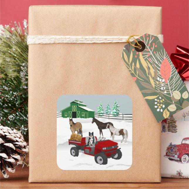 Western Farm Horse Ranch Red ATV Dog and Stall Quadratischer Aufkleber (Feiertag)