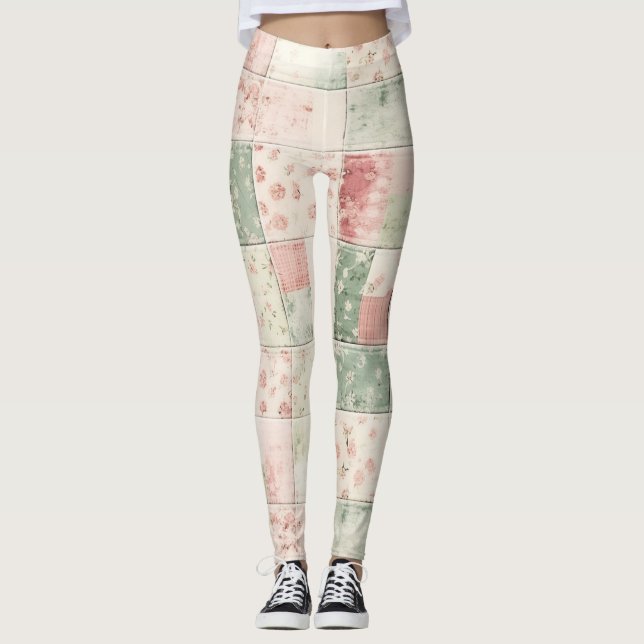 Western Farm Mint Pink Floral Quilt Patterns Leggings (Vorderseite)