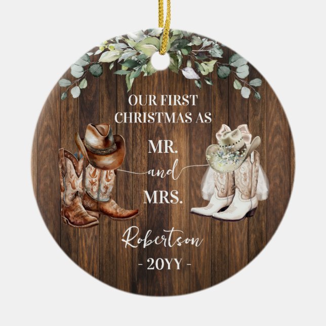 Western First Christmas as Mr & Mrs Cowboy Cowgirl Keramik Ornament (Vorne)