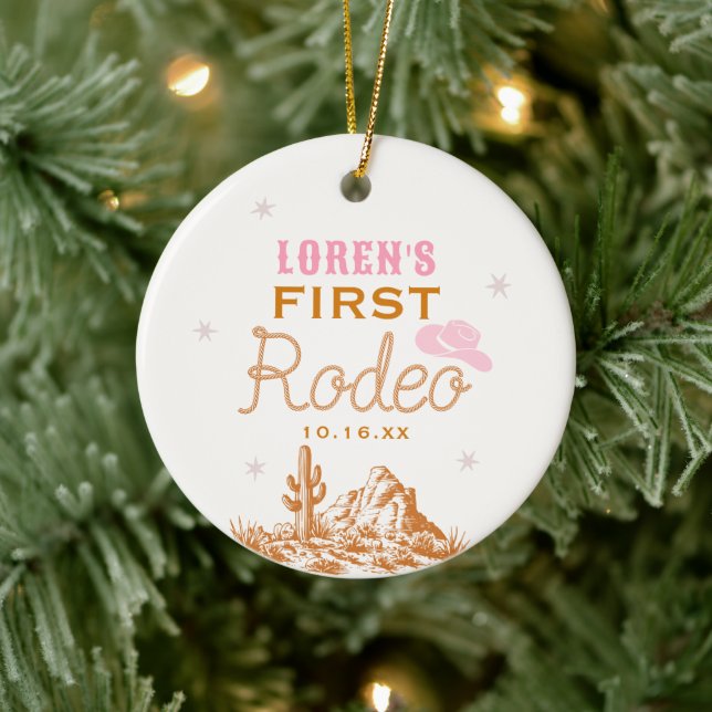 Western First Rodeo Cowgirl 1st Birthday Keramik Ornament (Baum)