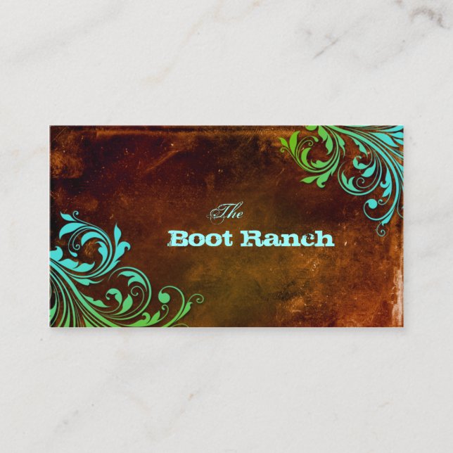 Western Floral Business Card Brown Blue Grunge Visitenkarte (Vorderseite)