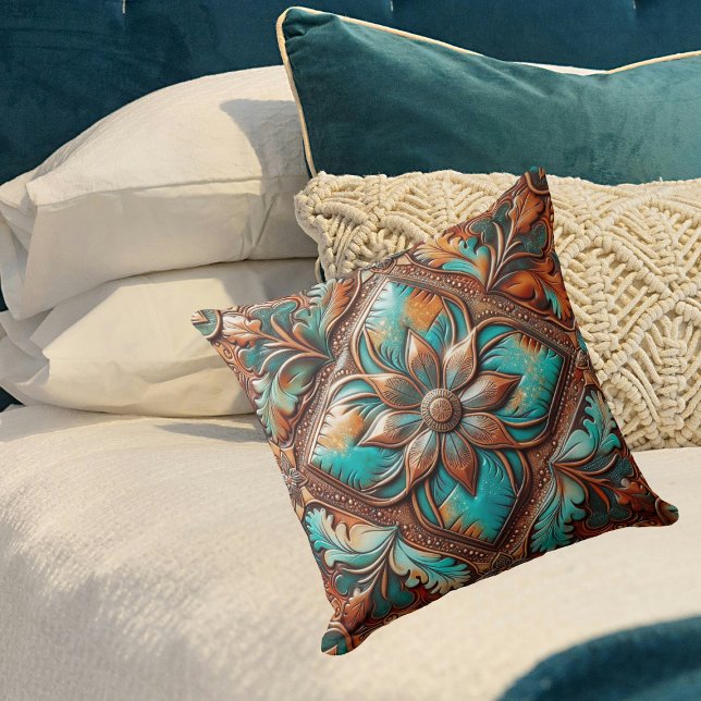 Western-Folie aus geschliffenem Leder Türkisfarben Kissen (Western Tooled Leather Print Turquoise Copper Throw Pillow)