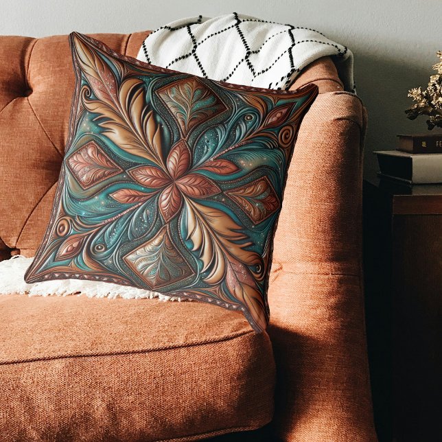 Western-Folie aus geschliffenem Leder Türkisfarben Kissen (Western Tooled Leather Print Turquoise Copper Throw Pillow)
