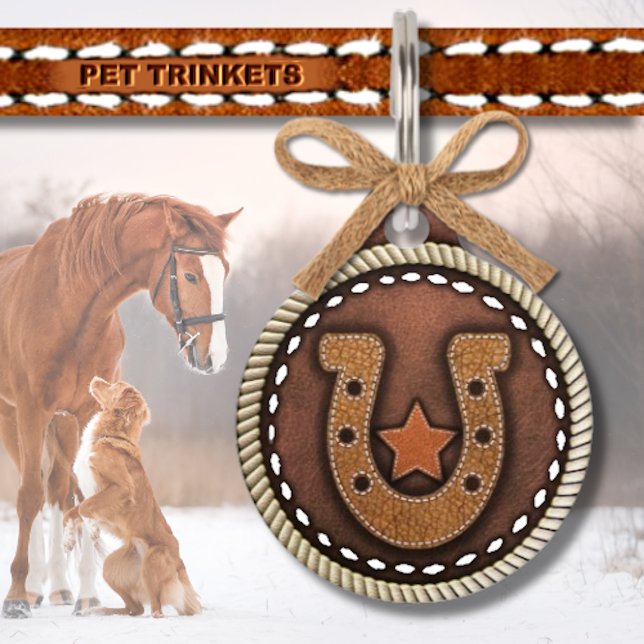 Western geheftetes Leder Lucky Horseshoe und Star Haustiermarke (Von Creator hochgeladen)