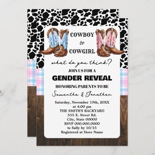 Western Gender Reveal Dusche Country Boots Einladung (Vorne/Hinten)