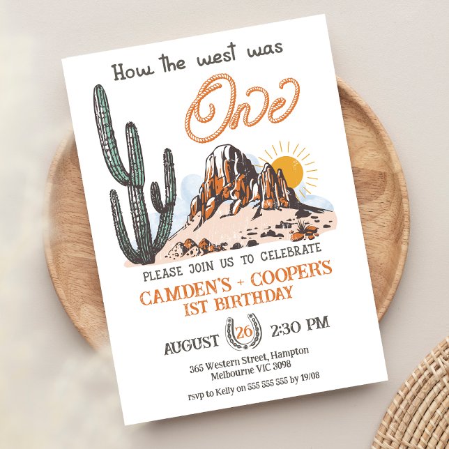 Western gewinnt, wie der Westen ein erster Geburts Einladung (Boy Twins How The West Was One Birthday Invitation, Twin Boy 1st Birthday Invite, Wild West, Rodeo)