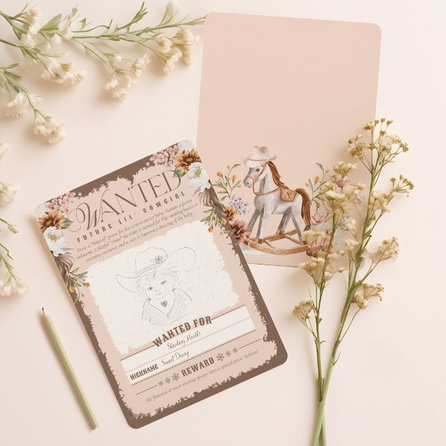 Western Gewollt Poster Baby Girl Duschkarte Einladung (Western Wanted Poster Baby Girl Shower Game Card)
