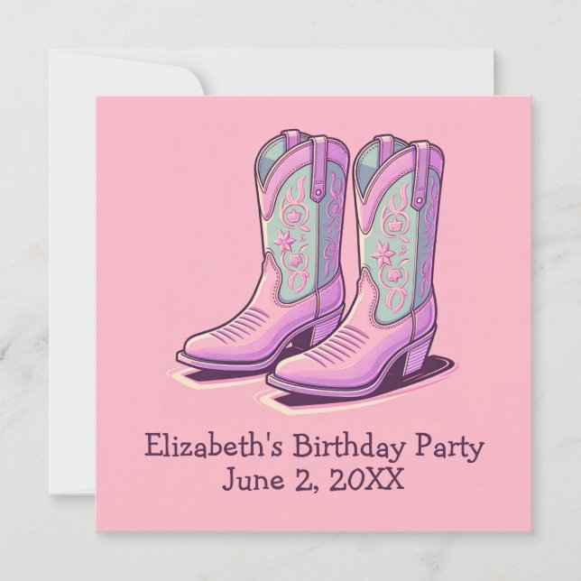 Western Girl Birthday Party Pink Cowgirl Stiefel Einladung (Vorderseite)
