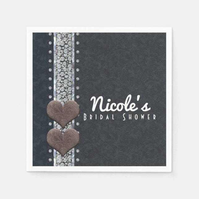 Western Glam Black Leather & Diamonds Bling Party Serviette (Vorderseite)