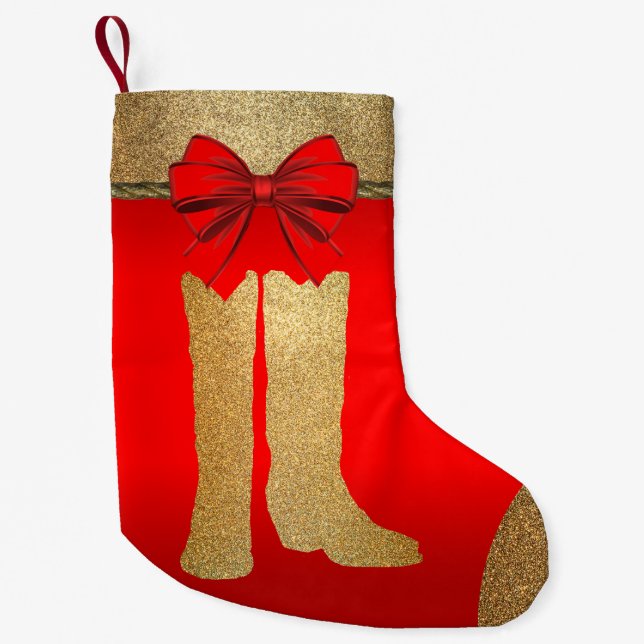 Western Gold Cowboy Cowgirl Boots On Red Kleiner Weihnachtsstrumpf (Vorderseite)