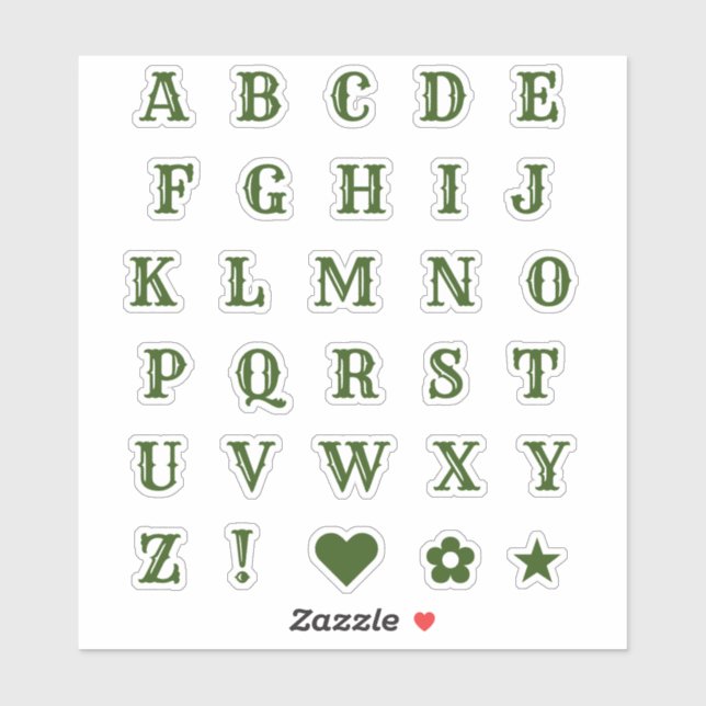 Western Green Letters | Monogram Alphabet Stickers Aufkleber (Blatt)