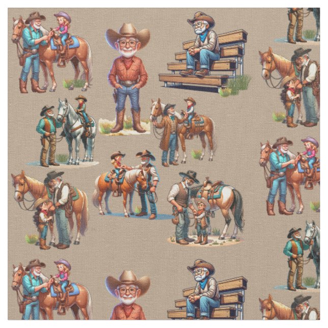 Western Großvater Cowboy mit Kindern und Pferden Stoff (Nahaufnahme)